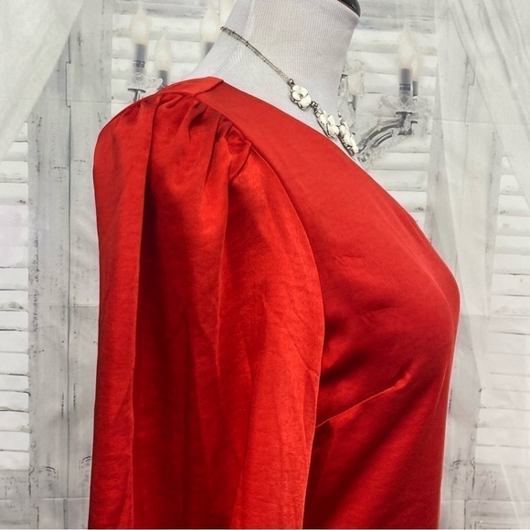 Skies Are Blue Medium One Shoulder Long Sleeve Solid Red Dress Satin Midi Slit - Picture 5 of 12